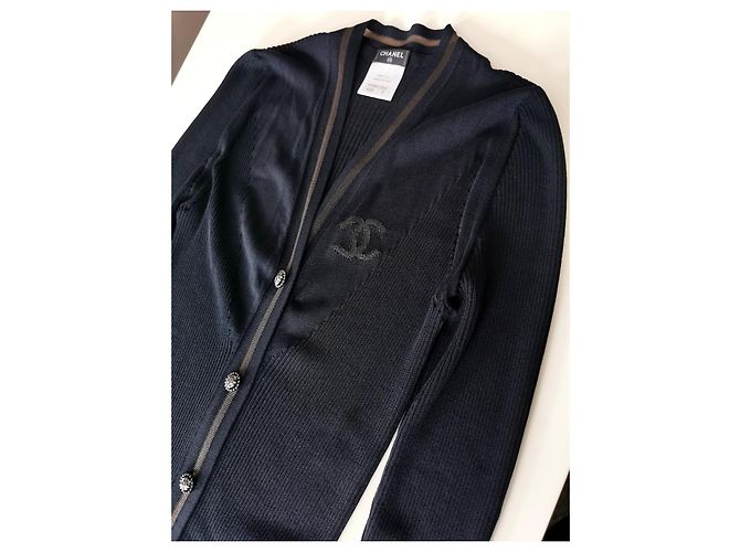 Chanel Cárdigan de algodón y seda negro con botones de león - vista 3