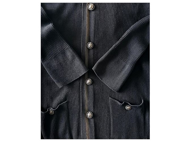 Chanel Cárdigan de algodón y seda negro con botones de león - vista 4