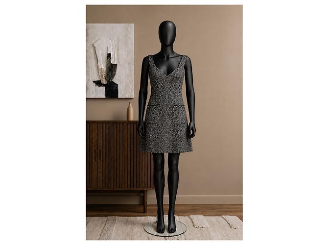 Vestido sin mangas de tweed Chanel blanco y negro - vista 5