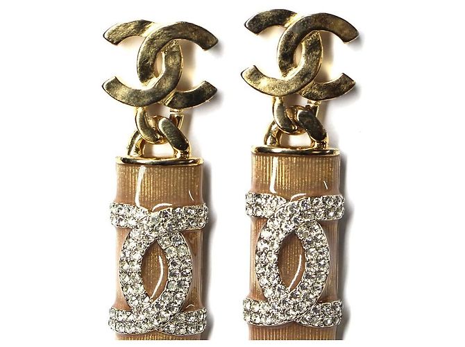Chanel Orecchini pendenti CC strass metallo dorato - vista 3