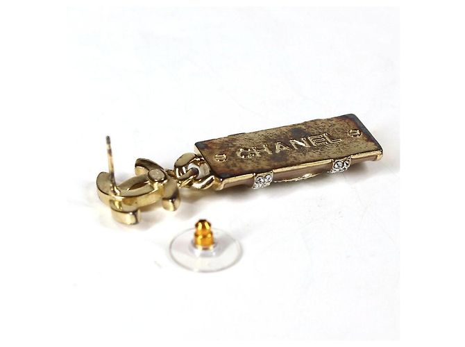 Chanel Orecchini pendenti CC strass metallo dorato - vista 4