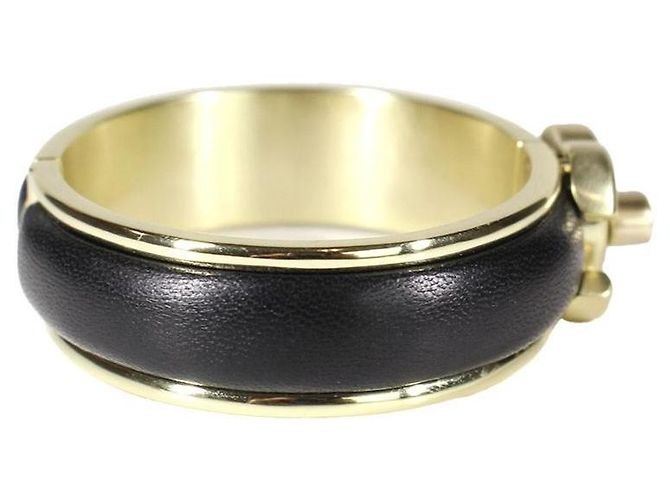 Bracciale cuff Chanel in pelle e metallo dorato - vista 2