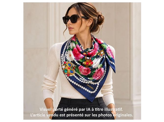 Chanel Foulard in seta Fiori e Gioielli blu navy - vista 7