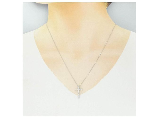 Autre Marque Collana Croce in Oro Bianco Au750 e Diamanti - vista 6