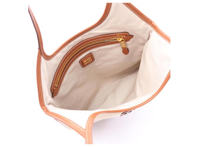 Borsa Tote Miu Miu Ivy marrone e avorio pelle e tela - vista 3