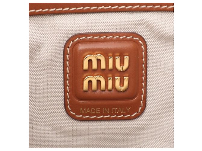 Borsa Tote Miu Miu Ivy marrone e avorio pelle e tela - vista 4