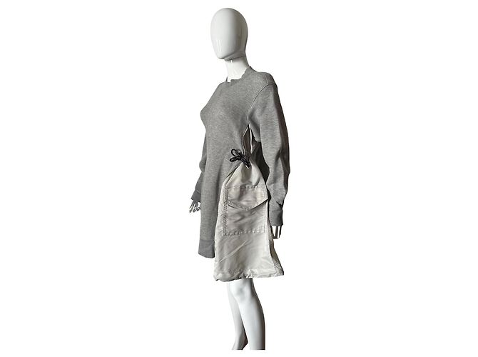 Abito Ibrido Sacai in Cotone Grigio e Nylon - vista 11