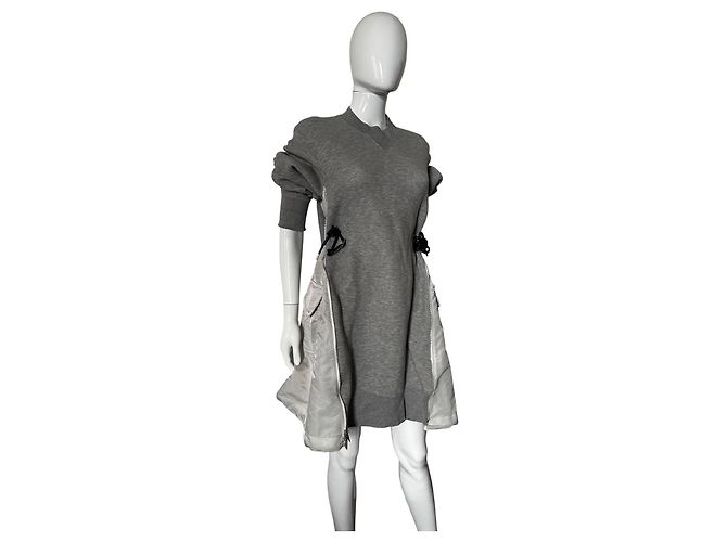 Abito Ibrido Sacai in Cotone Grigio e Nylon - vista 13
