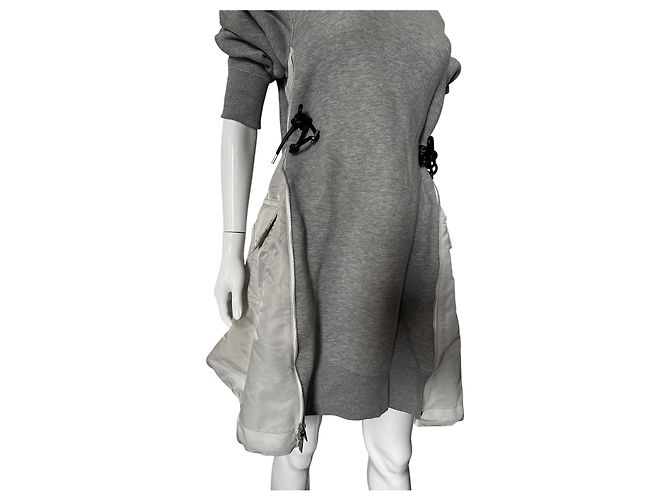 Abito Ibrido Sacai in Cotone Grigio e Nylon - vista 14