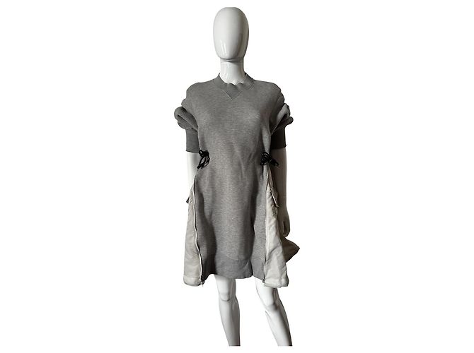 Abito Ibrido Sacai in Cotone Grigio e Nylon - vista 15