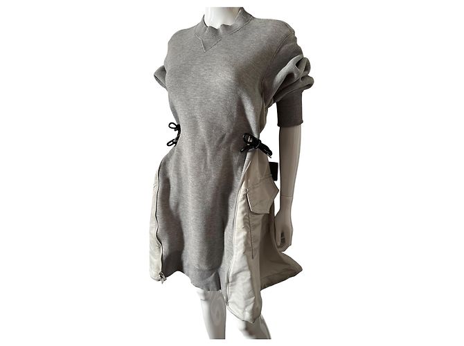 Abito Ibrido Sacai in Cotone Grigio e Nylon - vista 16