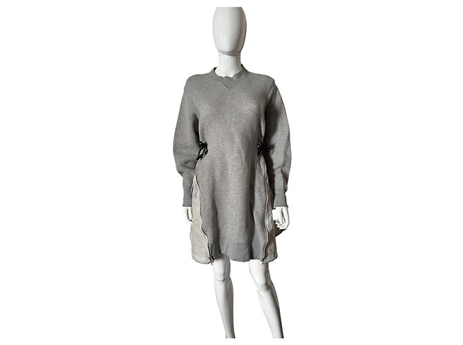 Abito Ibrido Sacai in Cotone Grigio e Nylon - vista 8