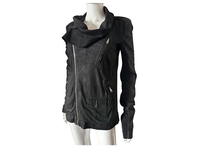 Rick Owens Giacca in Pelle Nera Biker - vista 12