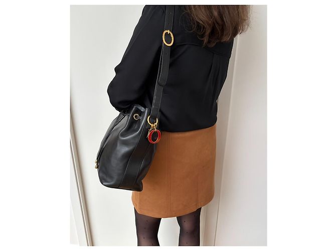 Borsa a secchiello Christian Dior pelle nera fodera Cannage rossa - vista 3