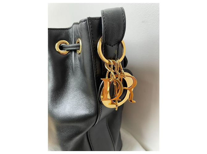 Borsa a secchiello Christian Dior pelle nera fodera Cannage rossa - vista 5