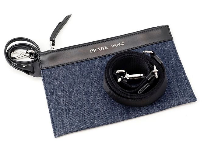 Borsa a mano Prada in denim e pelle nero blu - vista 17