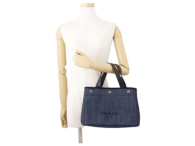 Borsa a mano Prada in denim e pelle nero blu - vista 4