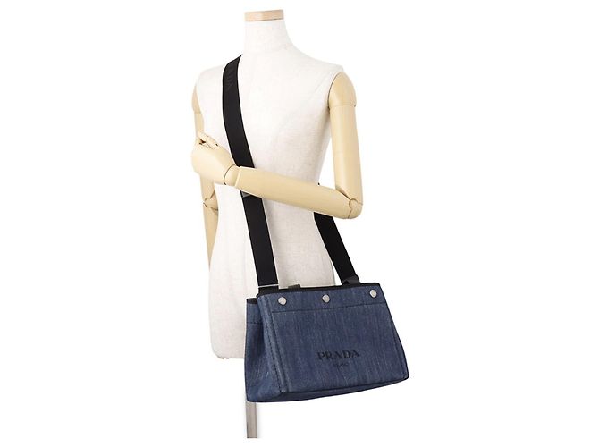 Borsa a mano Prada in denim e pelle nero blu - vista 5