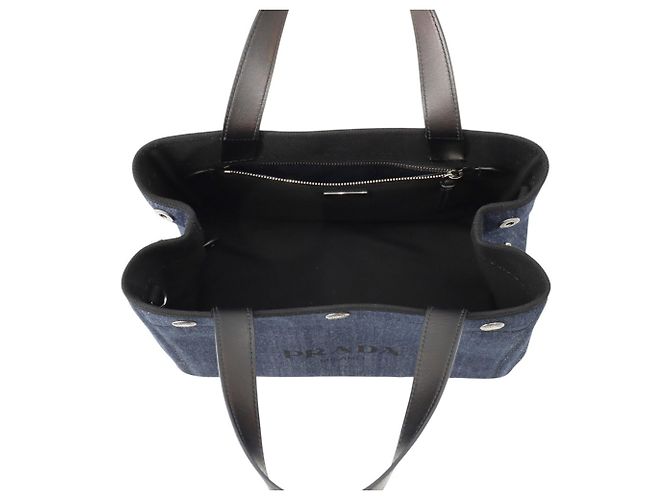Borsa a mano Prada in denim e pelle nero blu - vista 6