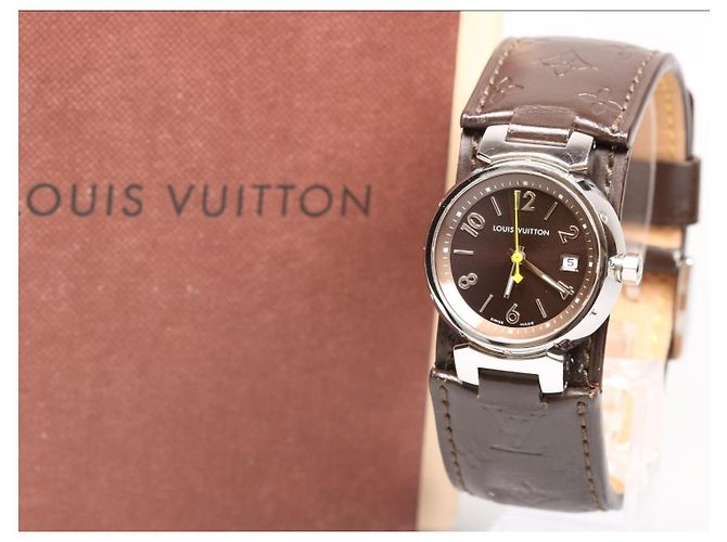 Reloj Louis Vuitton Tambour Damier Ebene Cuero Marrón - vista 3