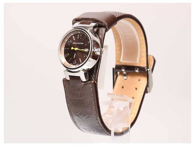 Reloj Louis Vuitton Tambour Damier Ebene Cuero Marrón - vista 4