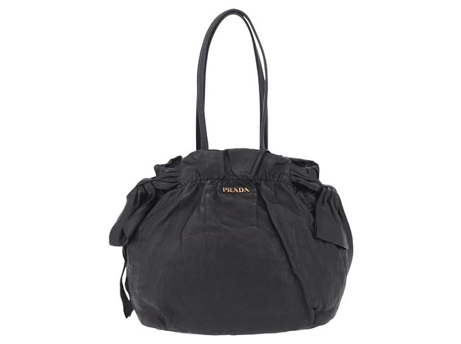 PRADA Side Ribbon Tote Bag Leather Black Gold - vista 13
