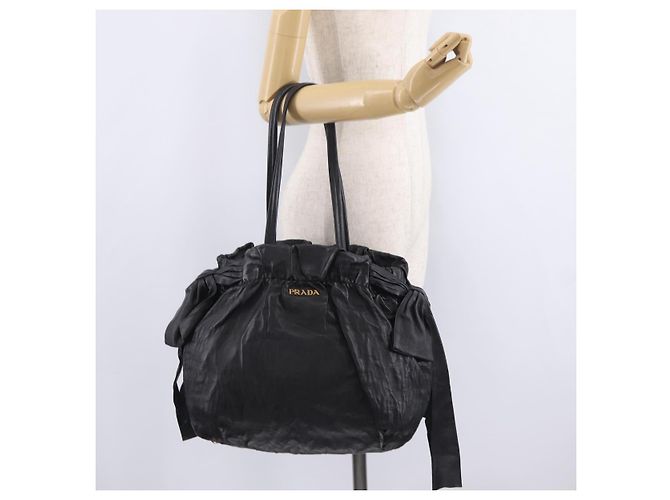 PRADA Side Ribbon Tote Bag Leather Black Gold - vista 27