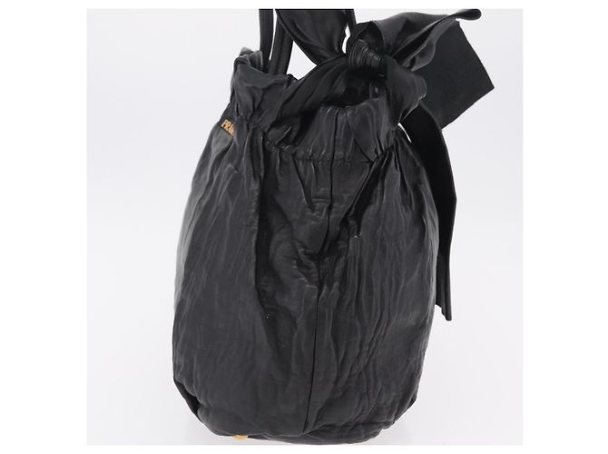 PRADA Side Ribbon Tote Bag Leather Black Gold - vista 4