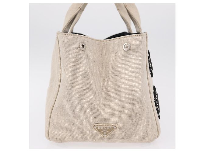 PRADA Canapa MM Hand Bag Canvas Beige Silver - Ansicht 5