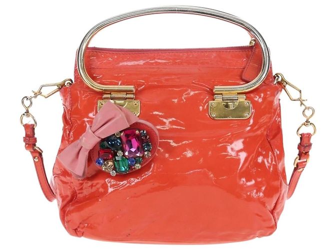 Miu Miu Hand Bag Patent leather 2way Orange Gold - vista 13