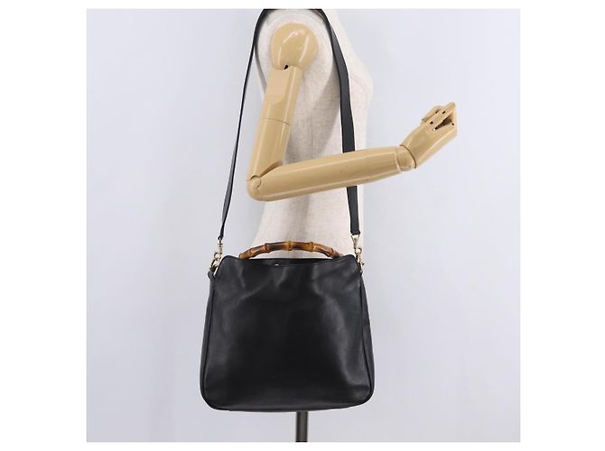 GUCCI Bamboo Hand Bag Leather 2way Black Gold 001 1638 - vista 23