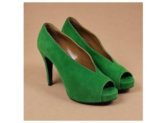 Hermès Décolleté peep-toe in camoscio verde - vista 4