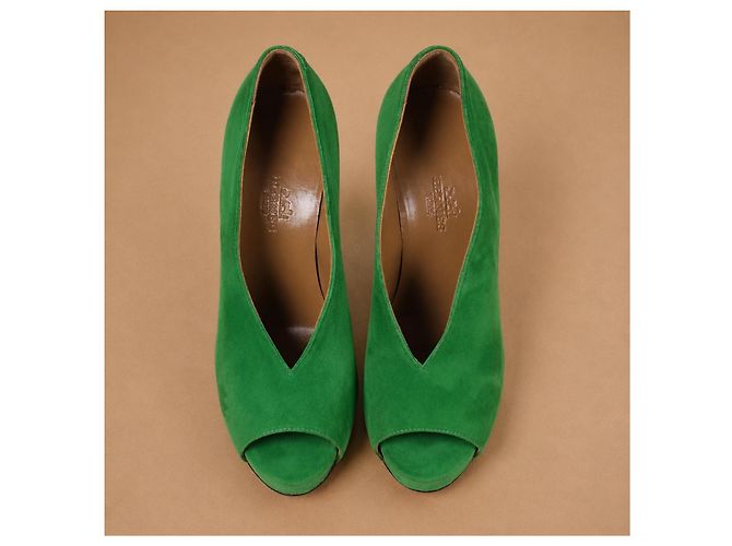 Hermès Décolleté peep-toe in camoscio verde - vista 6