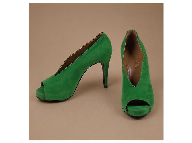 Hermès Décolleté peep-toe in camoscio verde - vista 7