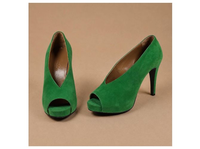 Hermès Décolleté peep-toe in camoscio verde - vista 8