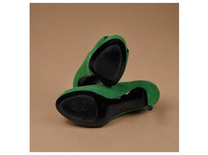 Hermès Décolleté peep-toe in camoscio verde - vista 9