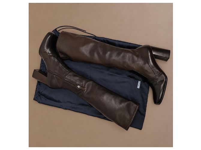 Botas altas Prada de cuero marrón para mujer - vista 18