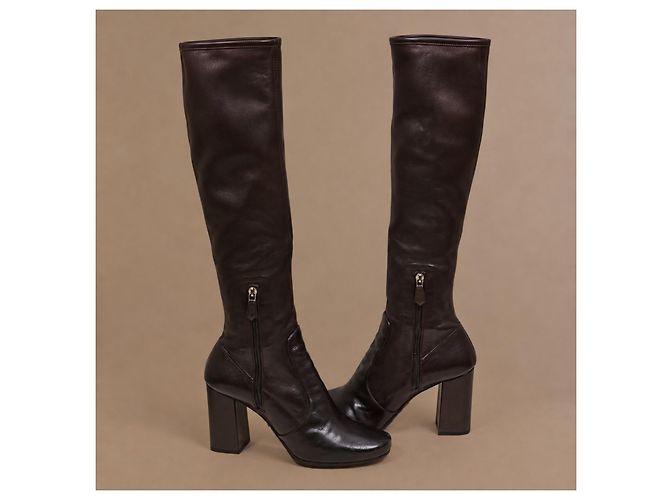 Botas altas Prada de cuero marrón para mujer - vista 5