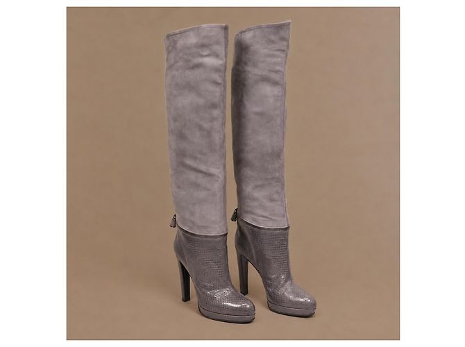 Bottes hautes Sergio Rossi en daim gris et cuir de python - vue 2