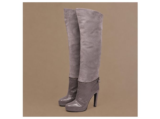 Bottes hautes Sergio Rossi en daim gris et cuir de python - vue 3