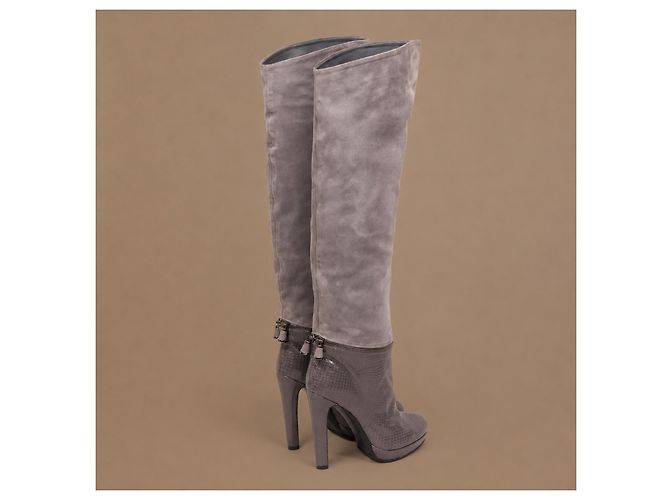 Bottes hautes Sergio Rossi en daim gris et cuir de python - vue 4