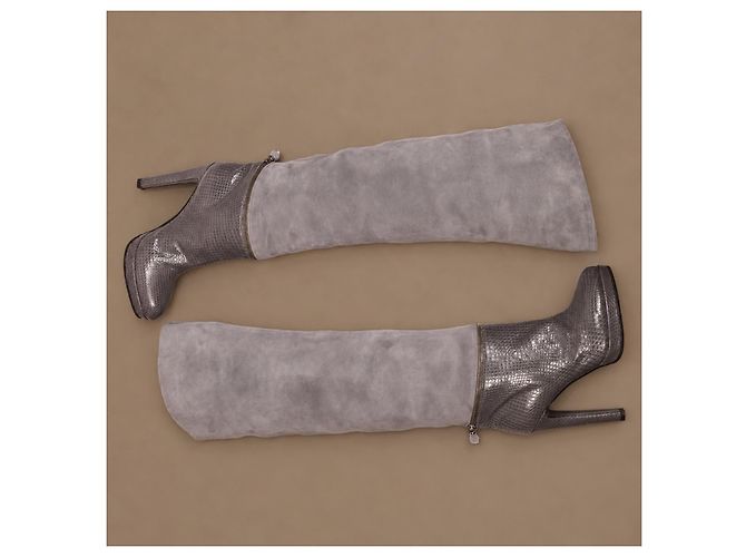 Bottes hautes Sergio Rossi en daim gris et cuir de python - vue 5