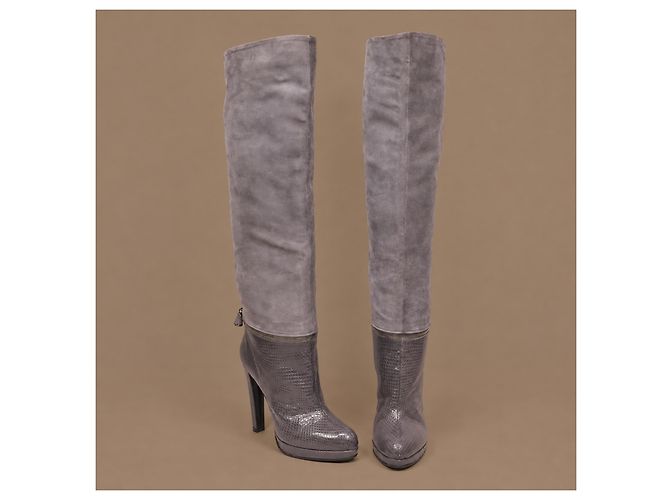 Bottes hautes Sergio Rossi en daim gris et cuir de python - vue 6