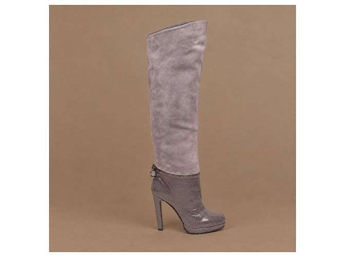 Bottes hautes Sergio Rossi en daim gris et cuir de python - vue 7