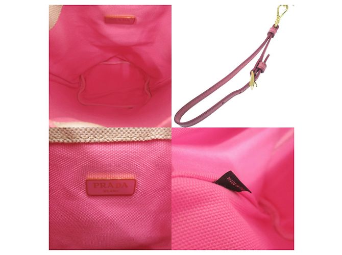 Borsa a sacco Prada in tela beige e rosa - vista 6