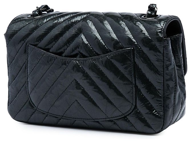 Chanel Black Mini Rectangular Classic Chevron Crumpled Patent So Black Single Flap - vista 2