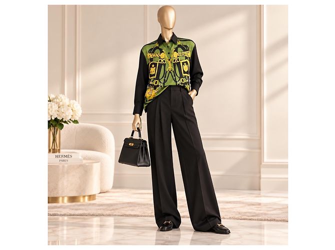 Hermès Blusa Brides de Gala Seda y Algodón Verde Negro - vista 3