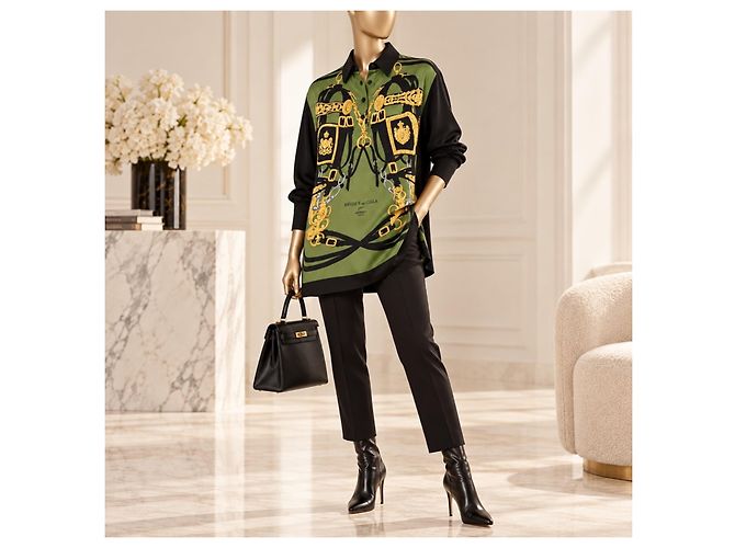 Hermès Blusa Brides de Gala Seda y Algodón Verde Negro - vista 4