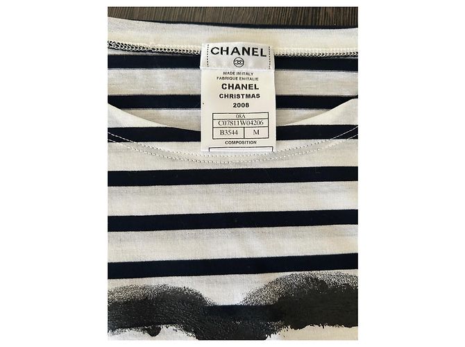T-shirt a righe in cotone Chanel nero e bianco logo CC - vista 2