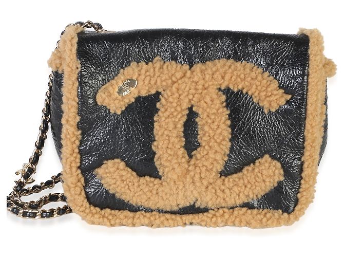 Borsa a patta Chanel CC Mania in shearling di pecora stropicciato nero lucido - vista 8